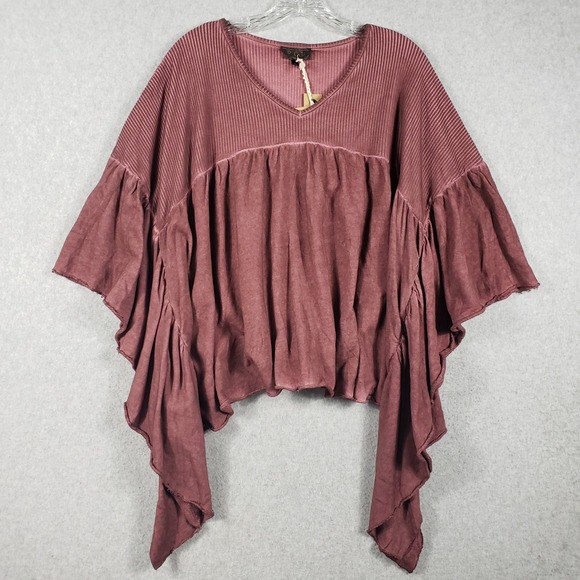 POL Burgundy Mixed Media Ribbed Boho Top S NWT Oversized Crochet Boho Lagenlook - Picture 1 of 11